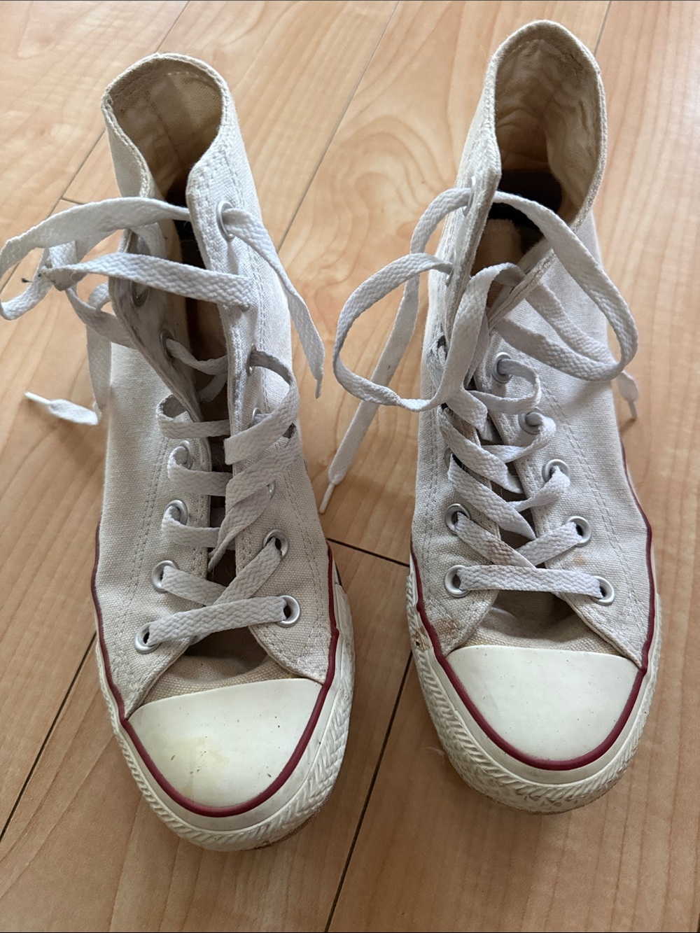 Converse High-Top Canvas Sneakers in Off-White with Red Trim